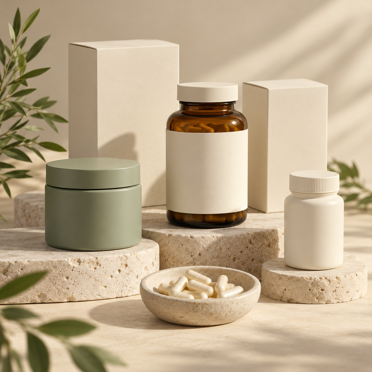 Concept image of unbranded dietary supplement bottles, cartons and capsules